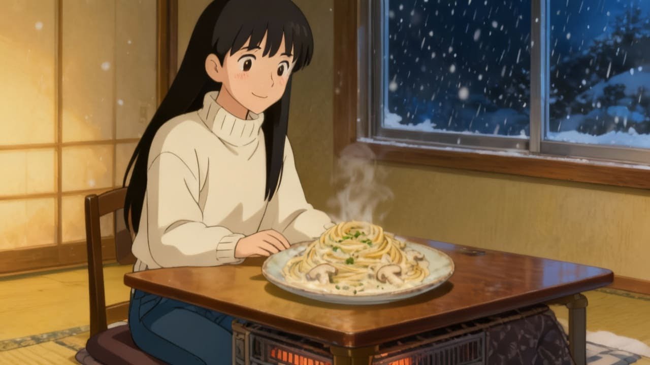 A Quiet Snowy Night Alone in the Forest | Cozy Winter Cooking & Fireplace#Ghibli style#cozy winter