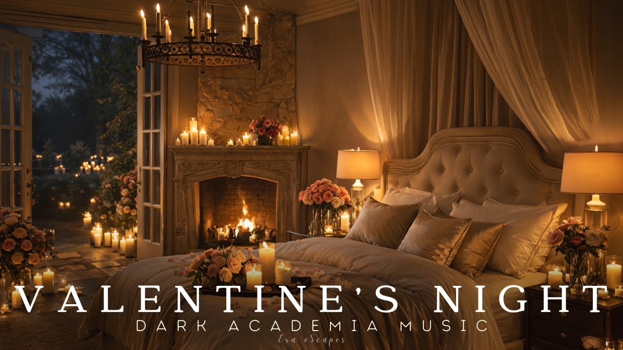 Valentine’s Night Bedroom | Dark Academia Piano Music & Fireplace Ambience | Study, Read & Sleep