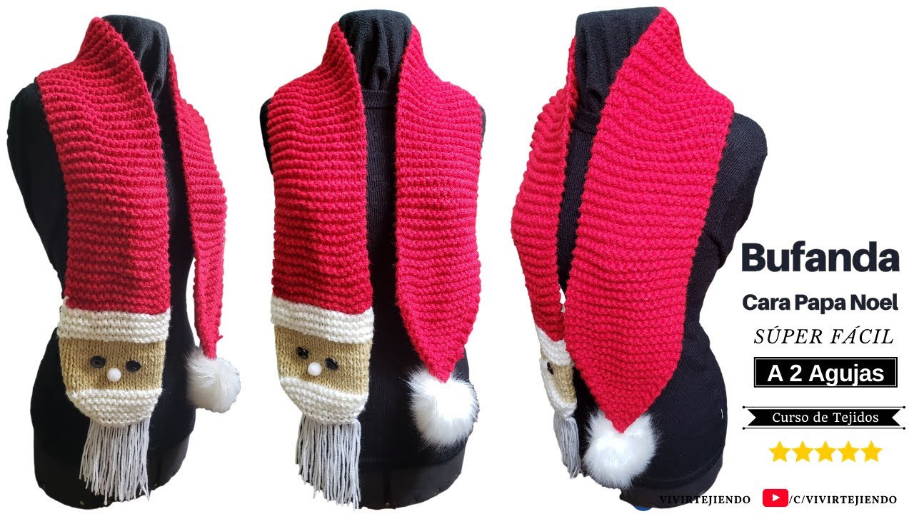 🌈 Bufanda A 2 Agujas con Carita de Papa Noel y Pompón ✅ Tejidos y Adornos de Navidad Fáciles