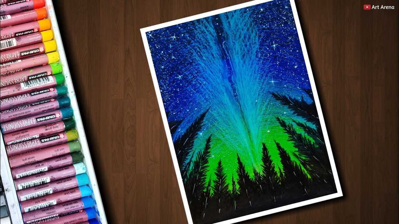 Beautiful Night Sky scenery drawing with Oil Pastels - step by step