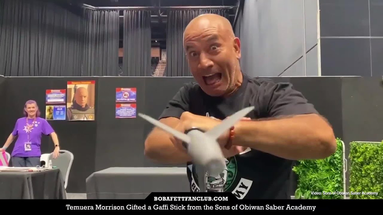 Temuera Morrison Gifted a Gaffi Stick from the Sons of Obiwan Saber Academy