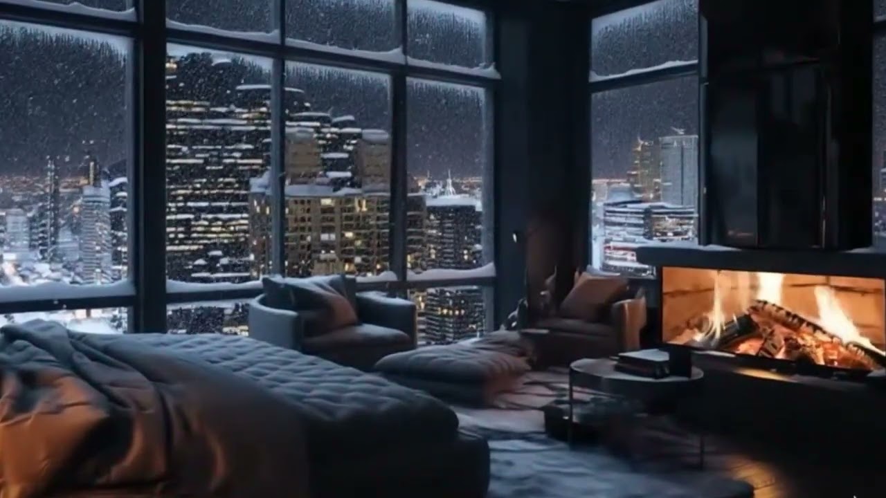 Habitación cálida y cómoda en medio de una tormenta de nieve