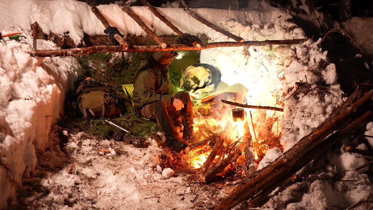 Surviving in sub-zero temperatures in the deep snow in the woods. First time my dog ​​was very cold