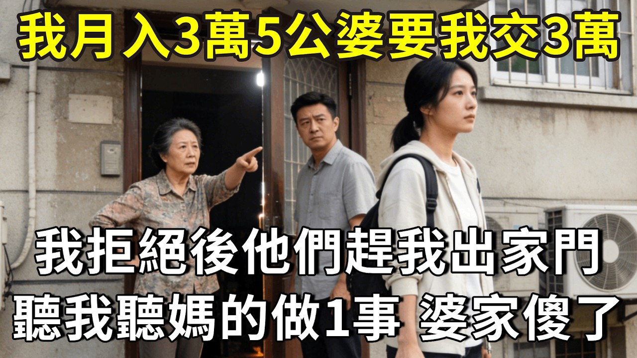 我月入3萬5，公婆要我每月交3萬，我拒絕後他們趕我出家門，我沒爭執轉身回娘家，聽我媽的做1事，3天后婆家全員傻眼#小說 #人生感悟 #故事分享 #故事 #故事頻道 #正能量 #情感