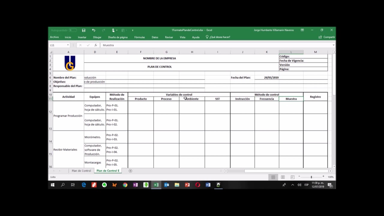 Plan de calidad con controles ambientales y de seguridad en el trabajo o plan de control.