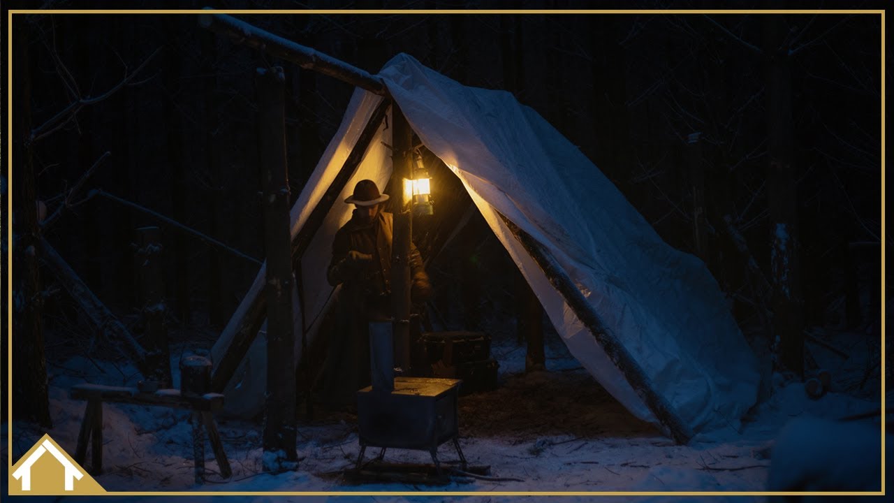 TARP SHELTER BUILD IN SNOW STORM // OVERNIGHT CAMP // ASMR