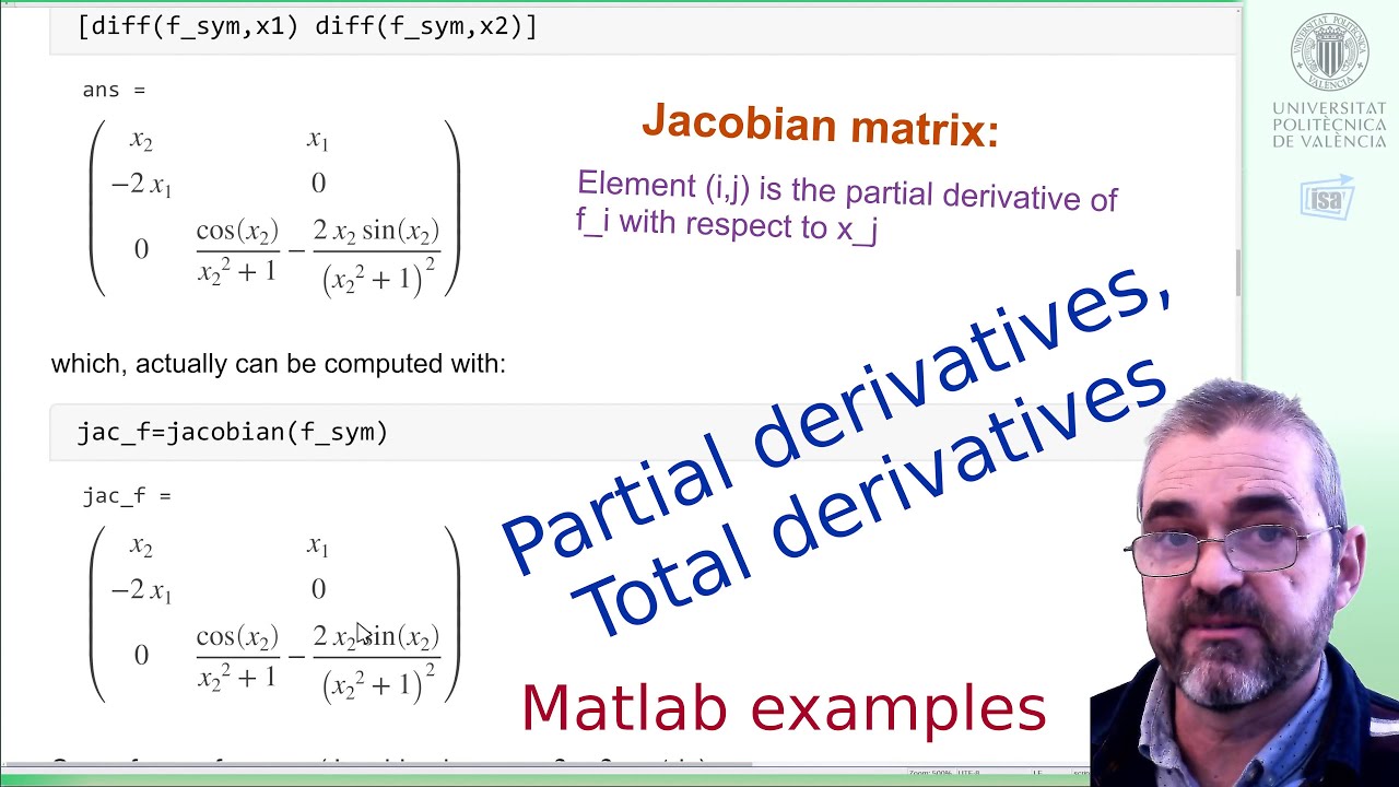 jacobian, partial derivatives and chain rule, total derivatives (Symbolic toolbox, Matlab)