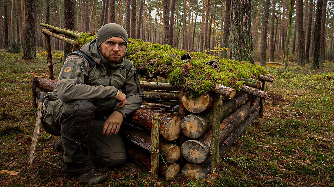 24H Bushcraft - Dreieck Shelter, Feuer mit Batterie?! | KUNI