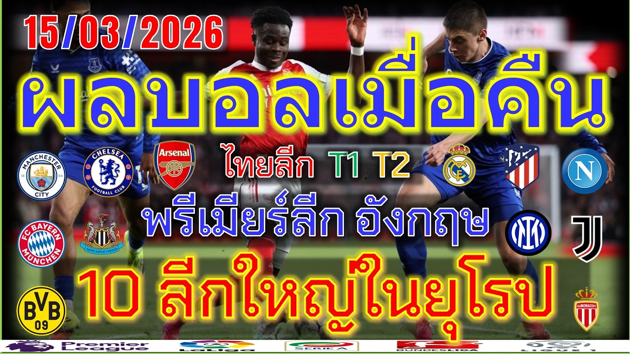 ผลบอลเมื่อคืน/พรีเมียร์ลีก/ลาลีกา/เซเรียอา/บุนเดสลีกา/ลีกเอิง/แชมเปี้ยนชิพ/ไทยลีก/15/3/2026