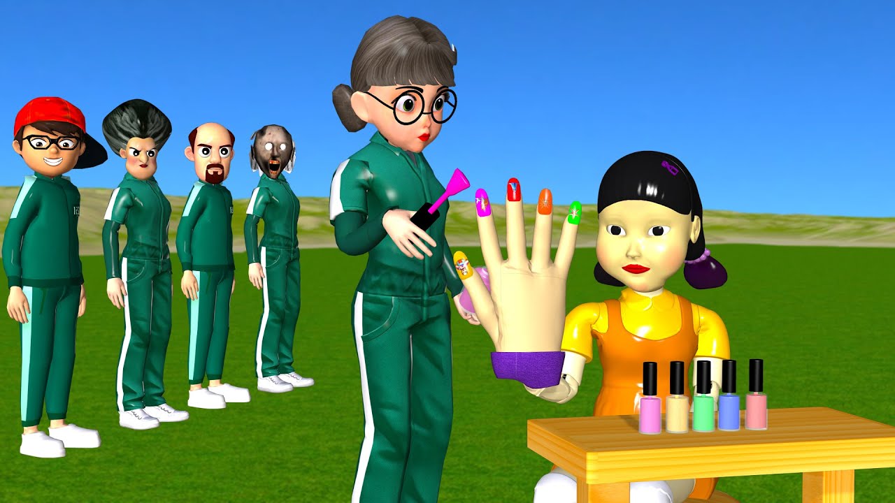 Scary Teacher 3D vs Squid Game 오징어 게임 3 Nail Glitter Polish Painting Nice or Error 5 Times Challenge