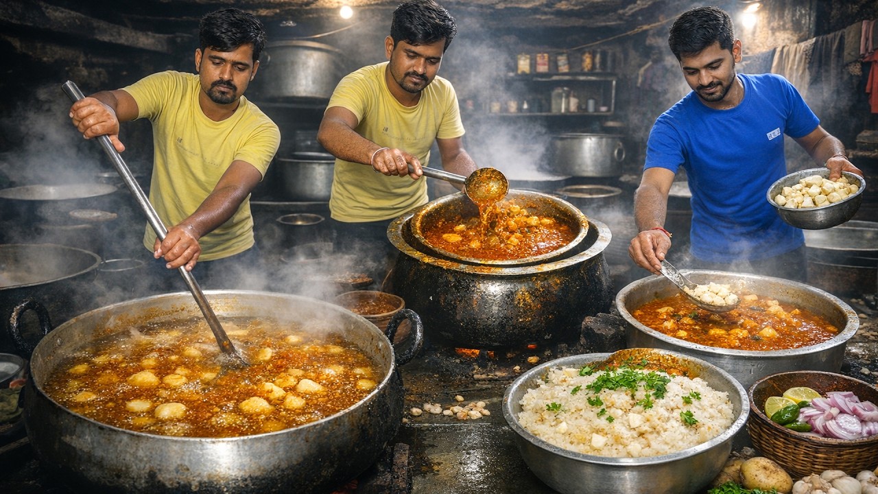Mass Aloo Payaz Sabzi Cooking in Traditional Kitchen