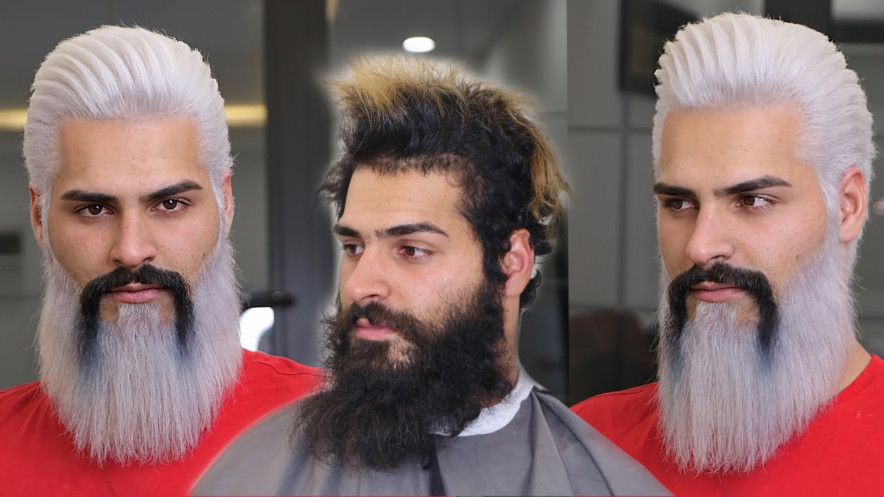 اقوى تغير شكل😱وستايل جديد 2021 لن تصدق هذا الفرق الكبير صبغ شعر ولحية ابيض ثلجي ابداع /مصطفى الرسام