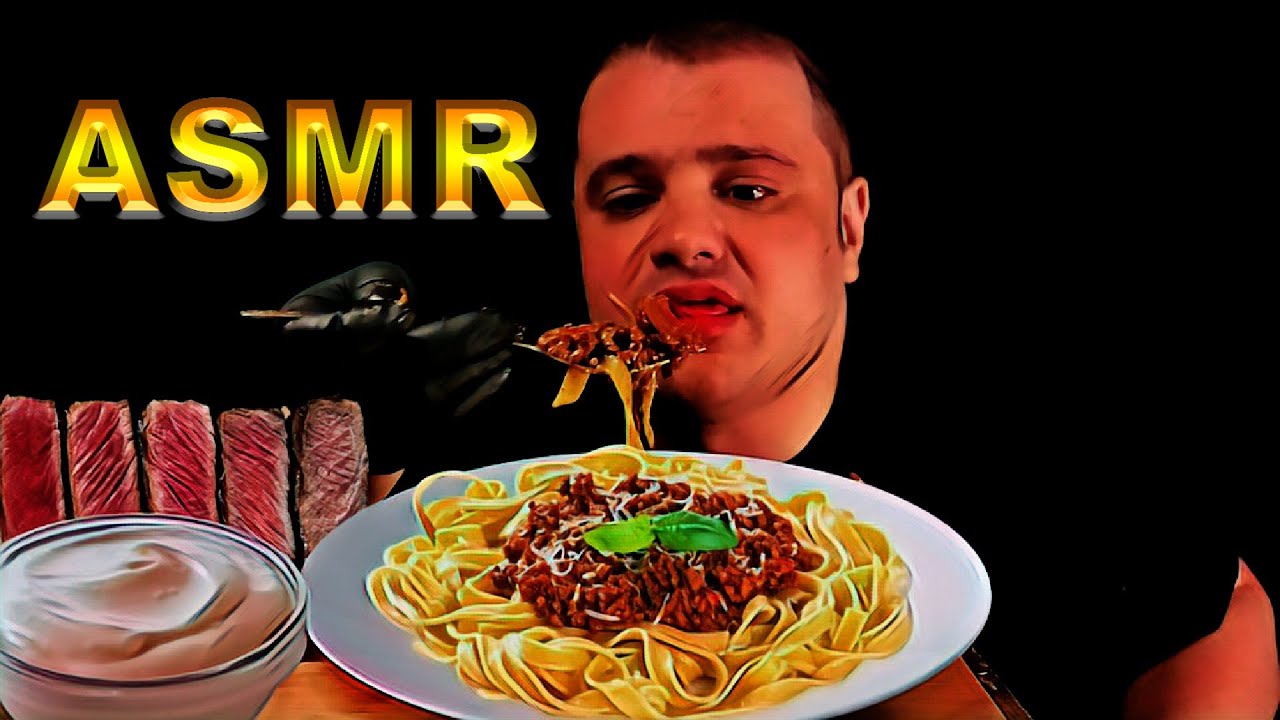 RECETTE de pâte à la bolognaise + filet de bœuf avec  de la sauce tartare en ASMR EATING SOUNDS