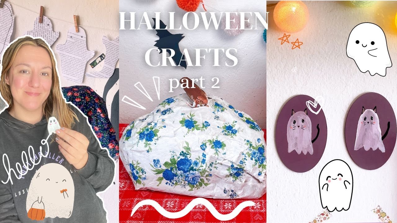 Halloween craft: ghost lights, pine cone bats, paper mache pumpkin from trash, diy stickers