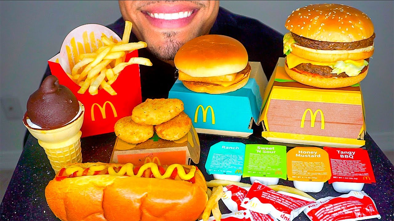ASMR MCDONALD'S CHICKEN NUGGETS MUKBANG CHOCOLATE DIPPED ICECREAMCONE FILLET FISH BIG MAC HOTDOG FRI