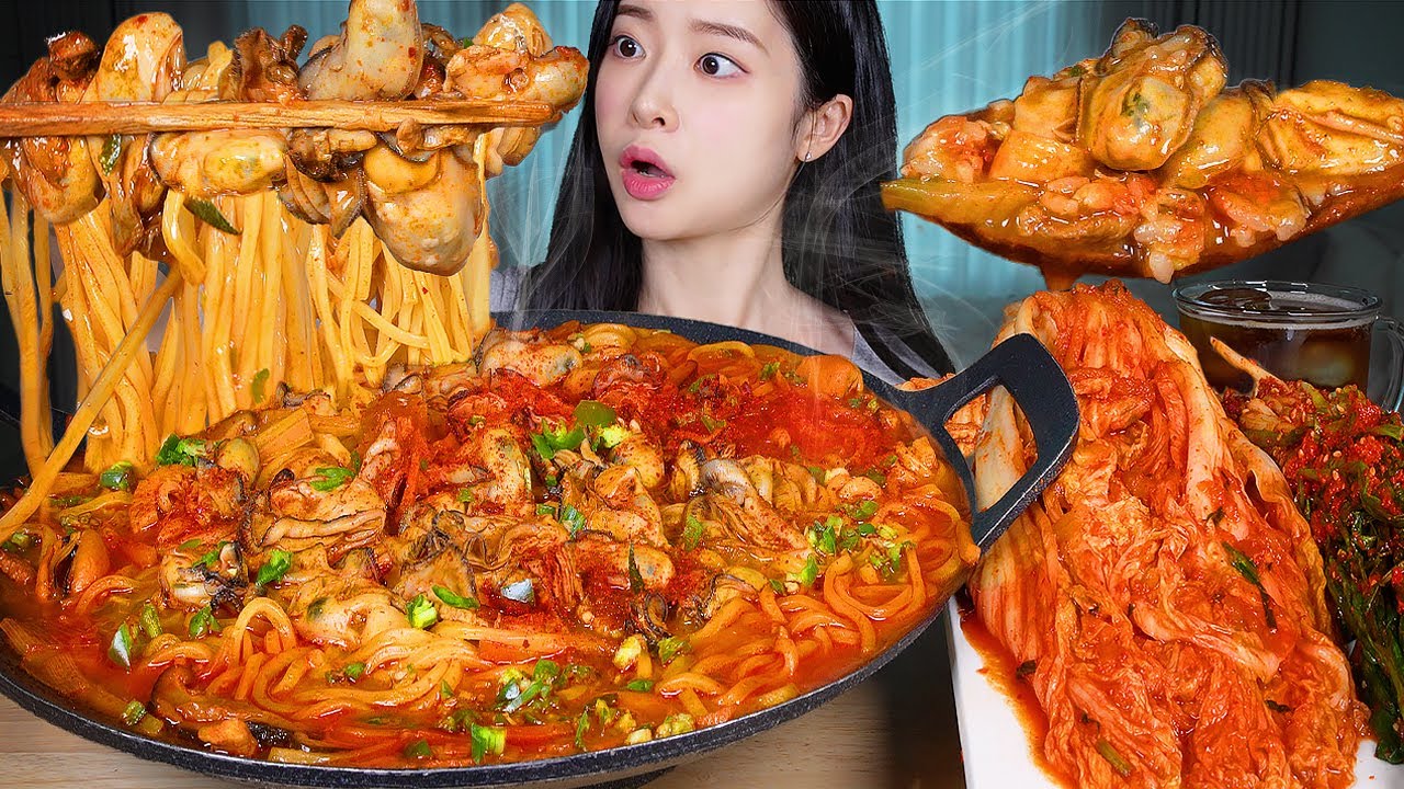 ASMR MUKBANG | Взрыв из устриц 💣 Острый чанппон с устрицами (лапша с морепродуктами) и кимчи 🔥