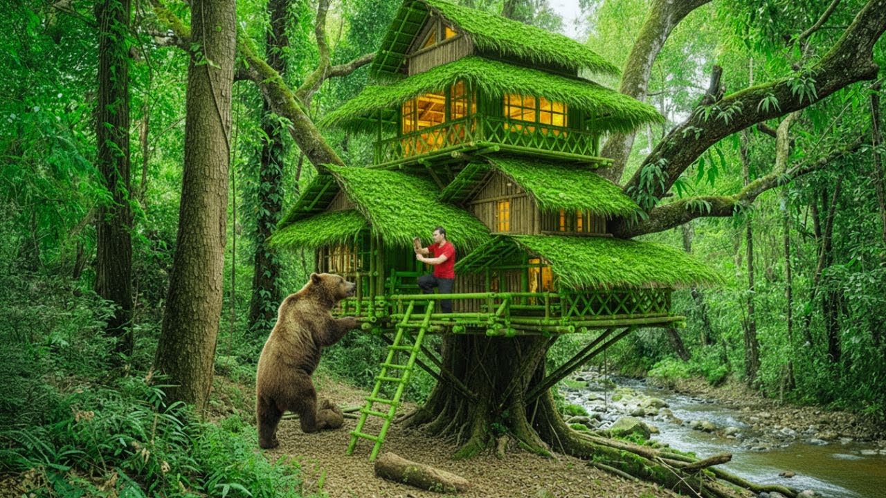 Building a Three Story Bamboo Tree House  Bear Appears in the Jungle During Construction