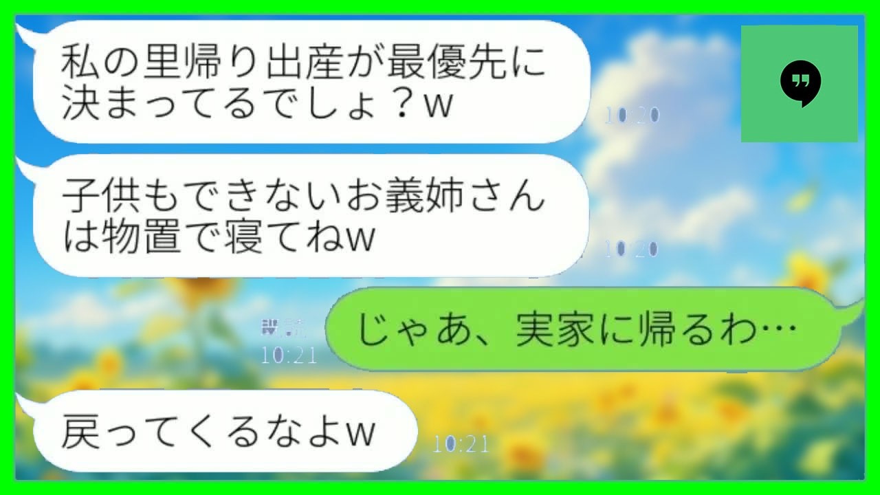 【LINE】里帰り出産で義実家同居中の私を追い出す義妹「お義姉さんは物置で寝たら？w」私「じゃあ、実家に帰るわ」→兄嫁がいなくなった後の実家を見た時の反応がwww【総集編】