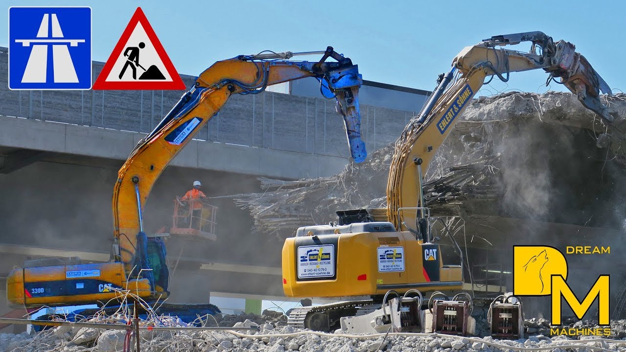 ABBRUCH AUTOBAHNBRÜCKE CATERPILLAR Bagger LIEBHERR Bohrgerät Mega Autobahn Baustelle Doku #79