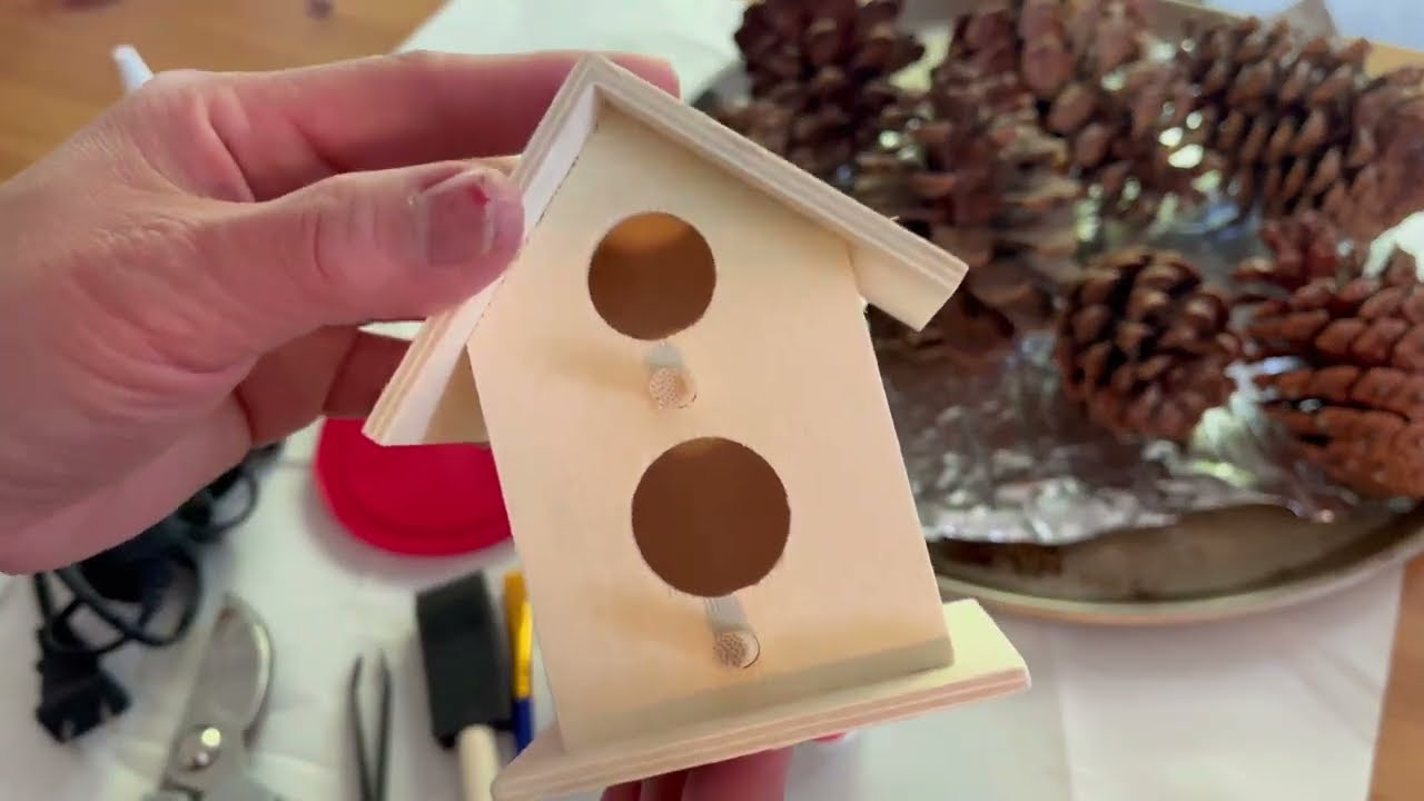 DIY Dollar Tree Birdhouse Makeover | Pinecone Roof Winter House for Yule Decor