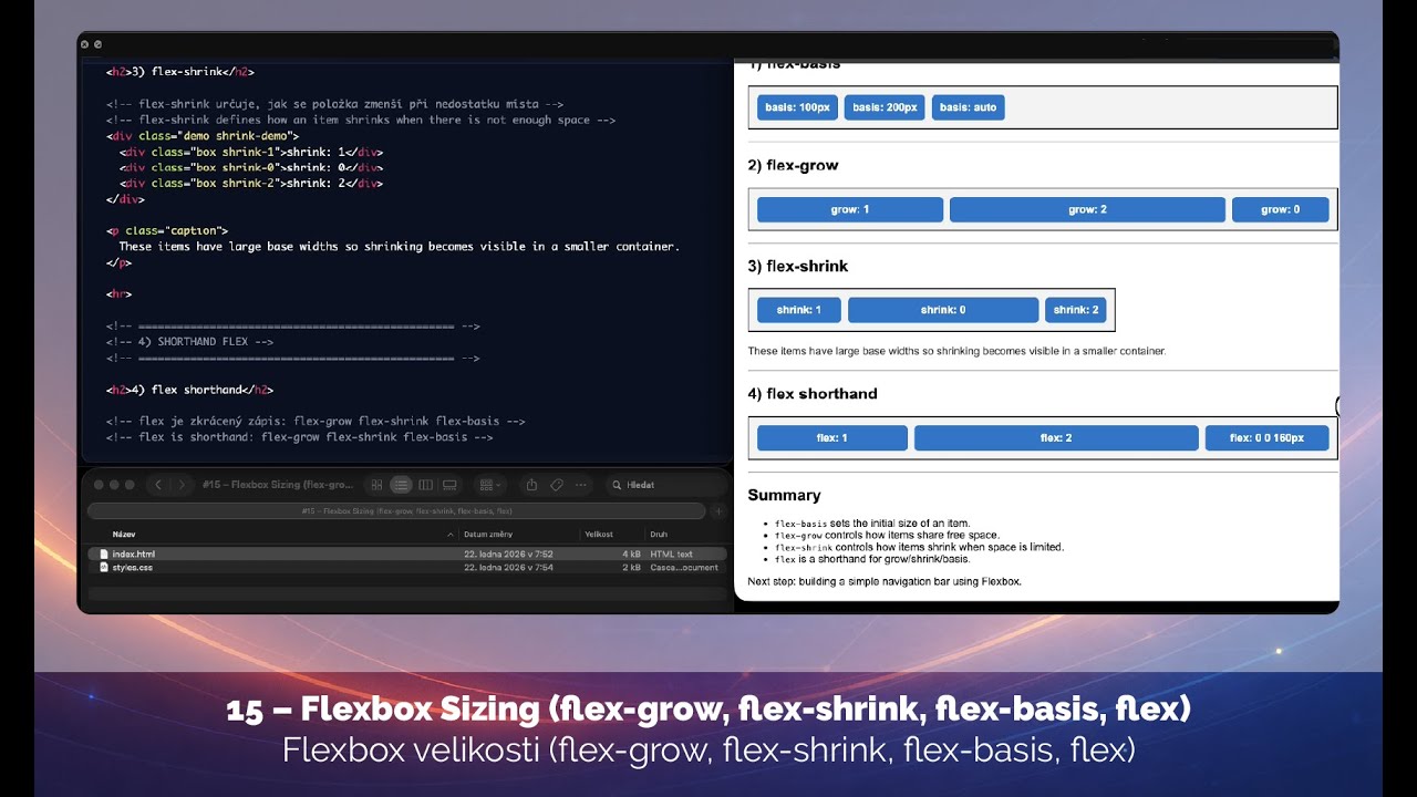 15 – Flexbox Sizing (flex-grow, flex-shrink, flex-basis, flex) - Flexbox velikosti