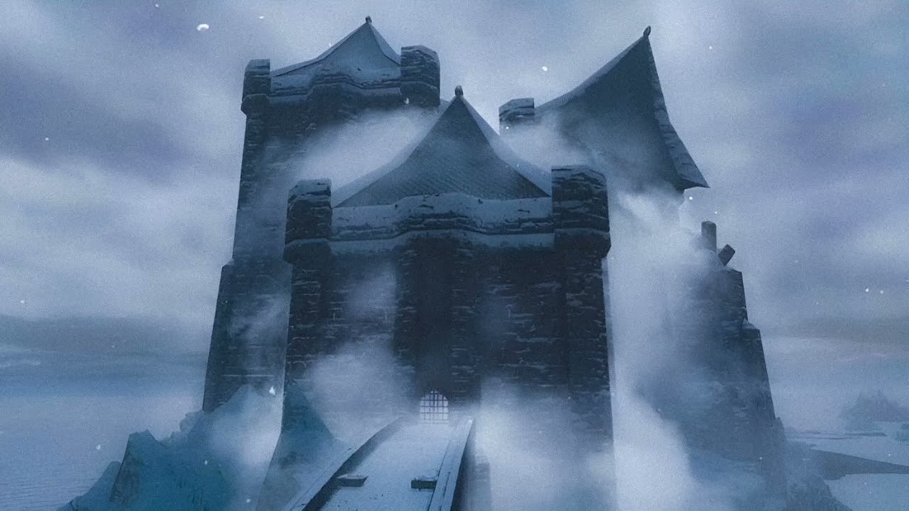 you found an abandoned snowy castle in a dark fantasy world.
