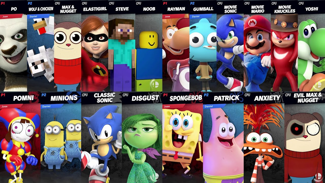 Sonic vs Mario vs Rayman vs Knuckles vs Yoshi | Max vs Steve vs Noob in Super Smash Bros Ultimate