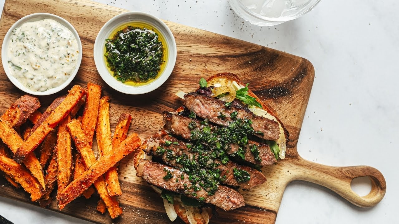 Open Faced Chimichurri Steak Sandwich with Caramelized Onions