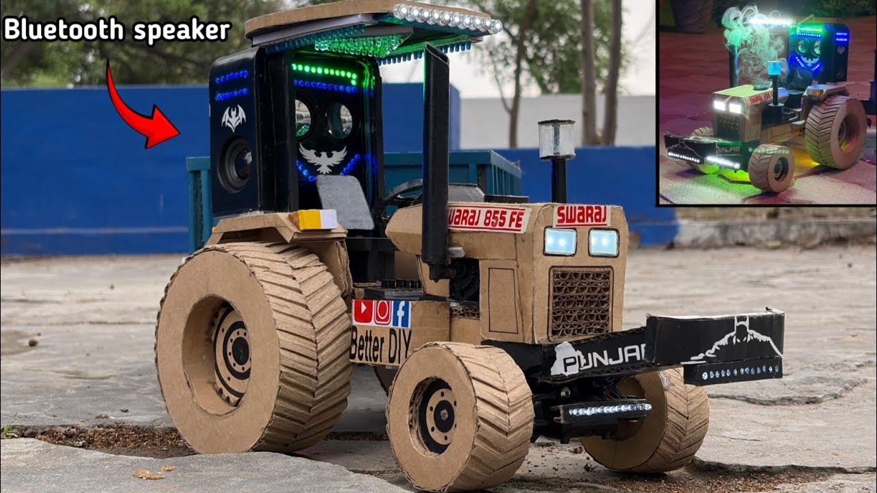 How To Make RC Swaraj 855 FE Tractor with Bluetooth speaker from Cardboard With Smoke System ||