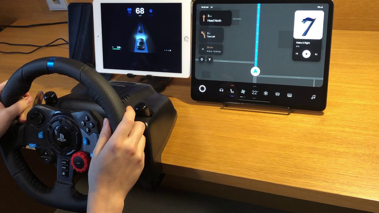 ProtoPie Connect Demo: Car Prototyping with a steering wheel across multiple displays