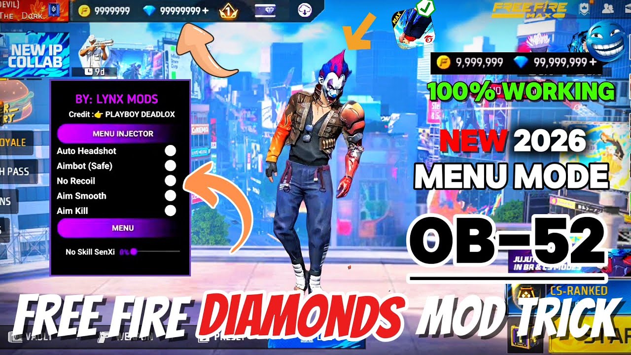 FREE FIRE NEW DIAMOND HACK 😈 || FREE FIRE NEW MOD MENU OB-52 || FF NEW MANU MODE FILE IN 2026