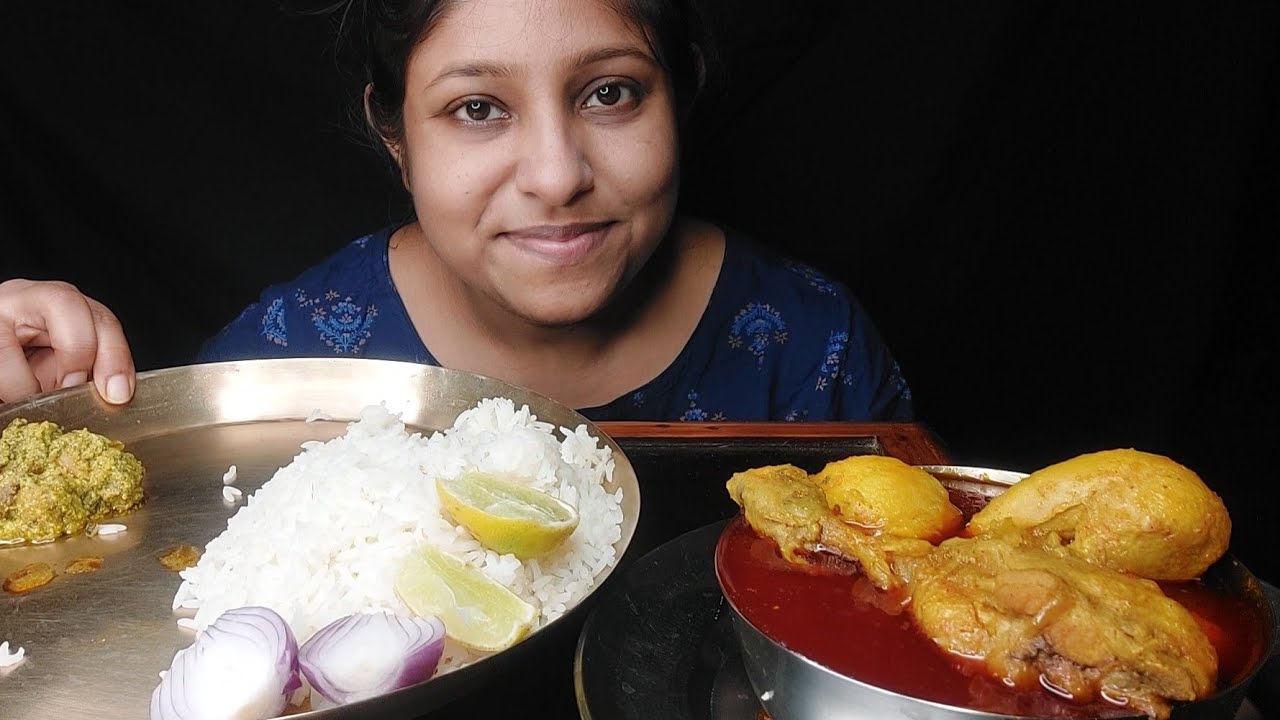 Eating Show - Rice, chicken🔥 lal jhol, kochupata chingri vapa| poulamieatingshow #eatingshow #eating