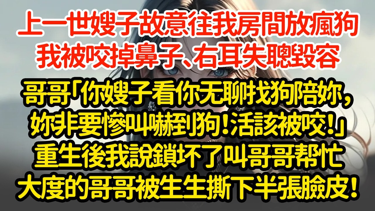 上一世嫂子故意往我房间放瘋狗，我被咬掉鼻子、右耳失聰毁容哥哥「你嫂子看你无聊找狗陪妳，妳非要慘叫嚇到狗！活該被咬！」重生後我说门锁坏了叫哥哥帮忙大度的哥哥被生生撕下半張臉皮！