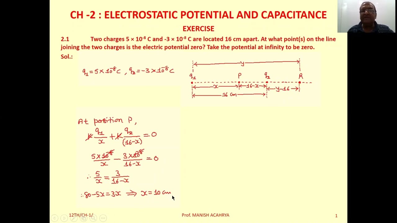 Two charges 5 x 10-8 C and -3 x 10-8 C are located 16 cm apart. At what point on the line joining