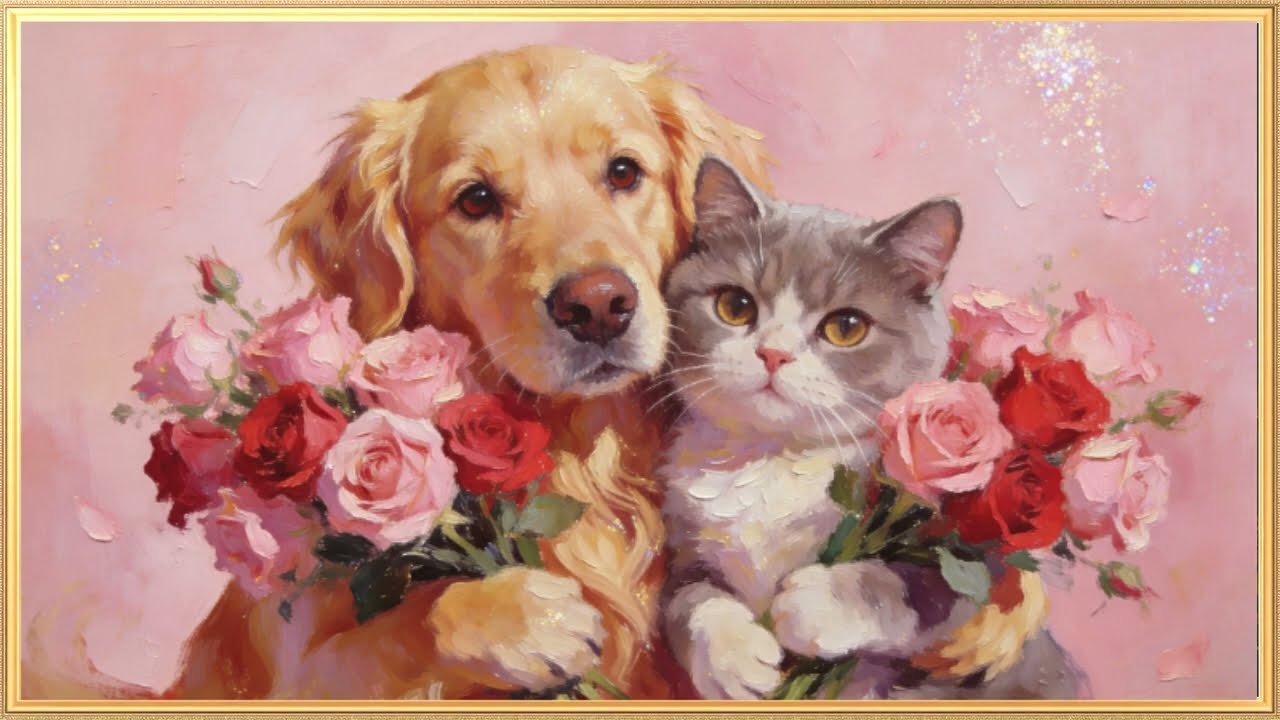 Vintage Pet Valentine Frame TV Art 4K | Romantic Dog & Cat Roses Painting Screensaver