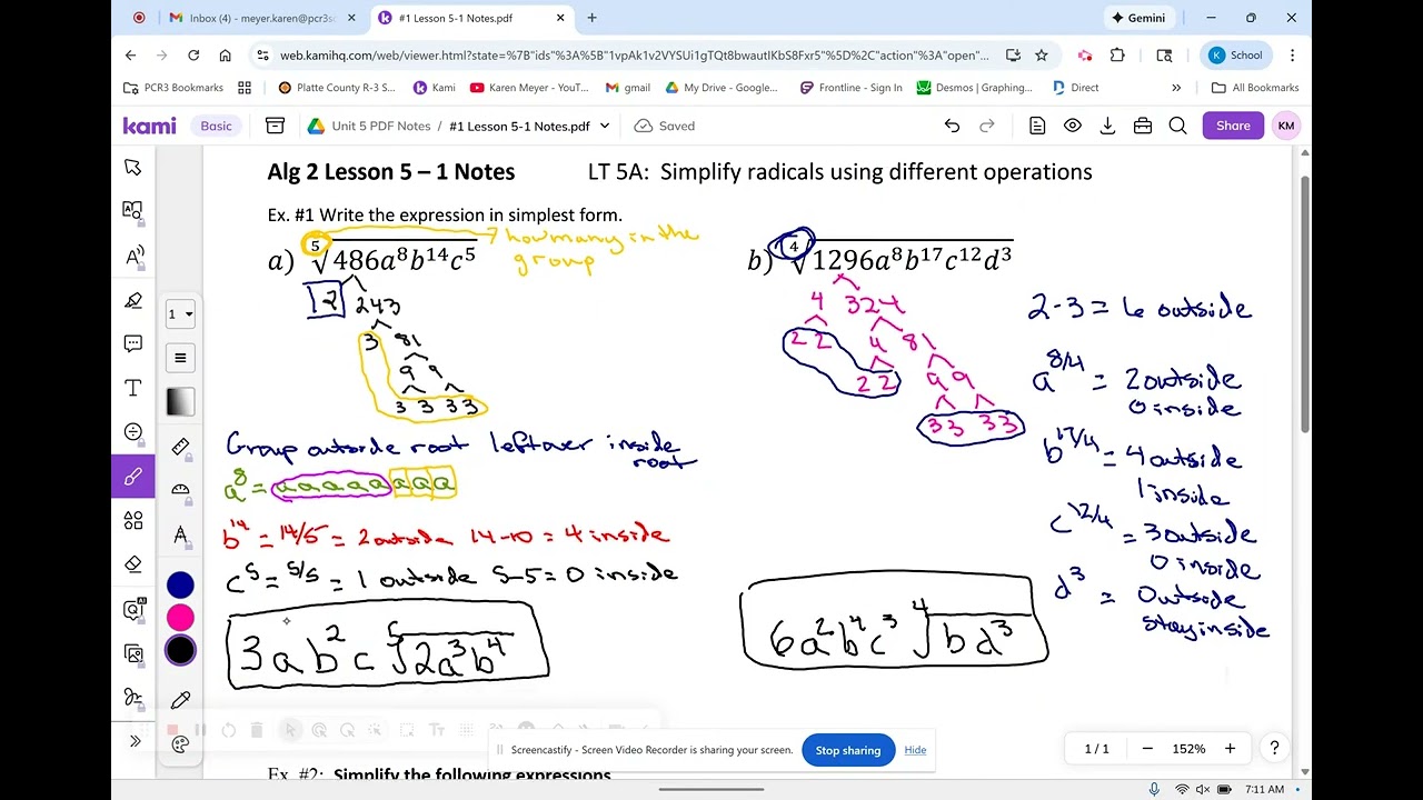 Alg 2 Lesson 5-1 Simplify Radicals plus + and -