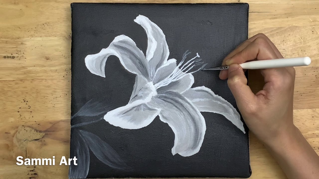 Daily challenge #156/ Lily flower- Black and White/ Acrylic painting Step by step
