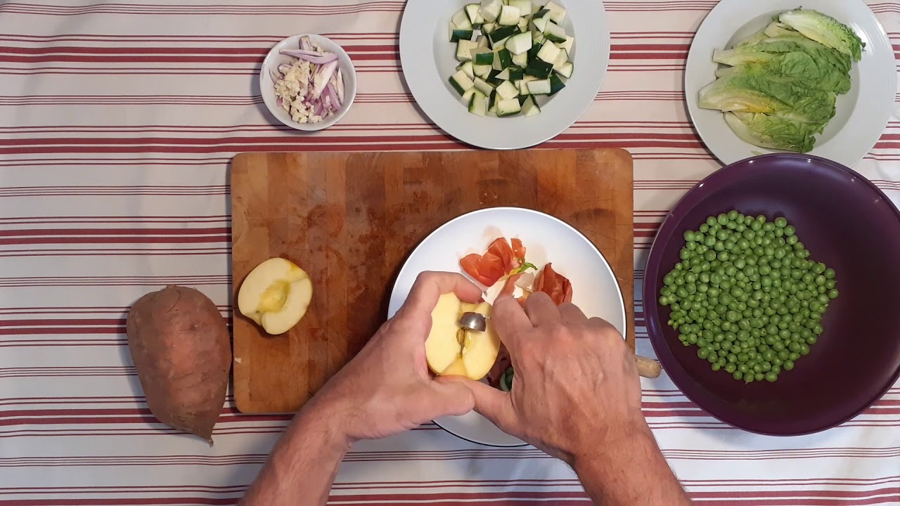 pavé de patate douce, petits pois étuvés et pommes poêlées