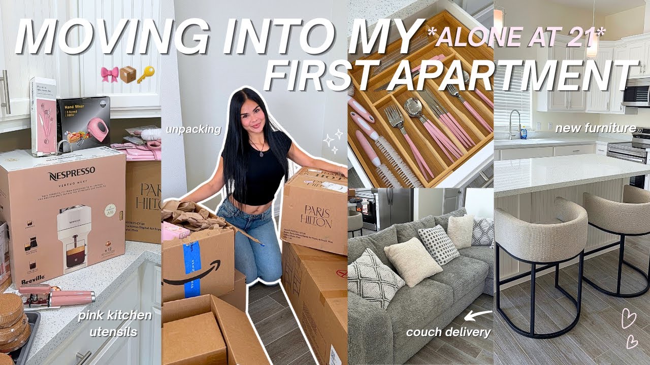 MOVING INTO MY FIRST APARTMENT ALONE AT 21 🎀🏡  unpacking, couch delivery & pink kitchen organization
