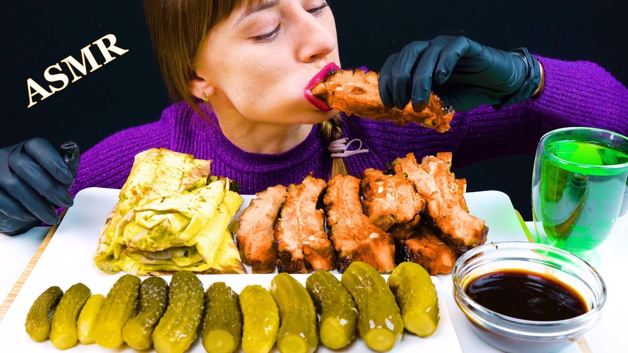 ASMR BBQ BABY BACK RIBS, CHEESY PITTA BREAD AND PICKLES (No Talking) EATING SOUNDS