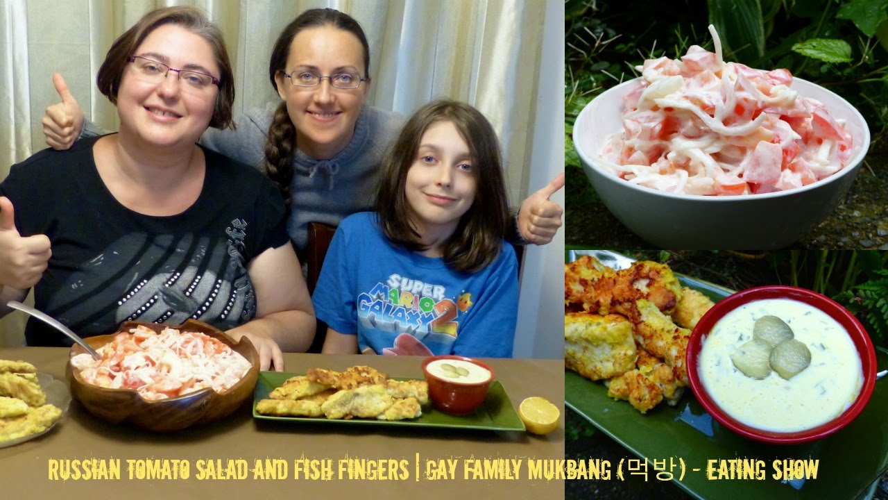Russian Tomato Salad And Fish Fingers | Gay Family Mukbang (먹방) - Eating Show