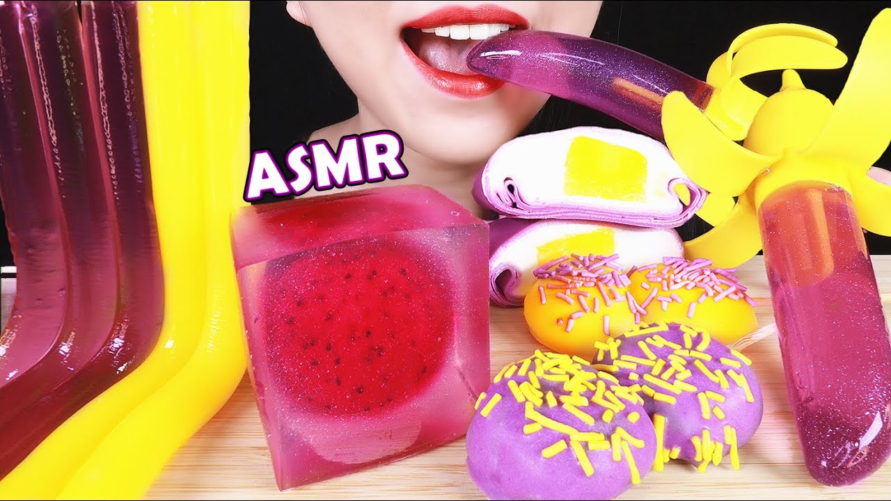 ASMR JELLY NOODLES, CREPE CAKE, FRUIT JELLY, CHOCOLATE COVERED MOCHI  망고 크레이프, 젤리 먹방 大福 ゼリーを食べる 咀嚼音