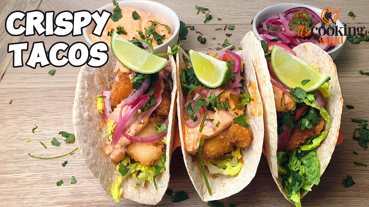 Quick & Easy Crispy Fish Tacos | Smoky Harissa Sour Cream & Pickled Onions!