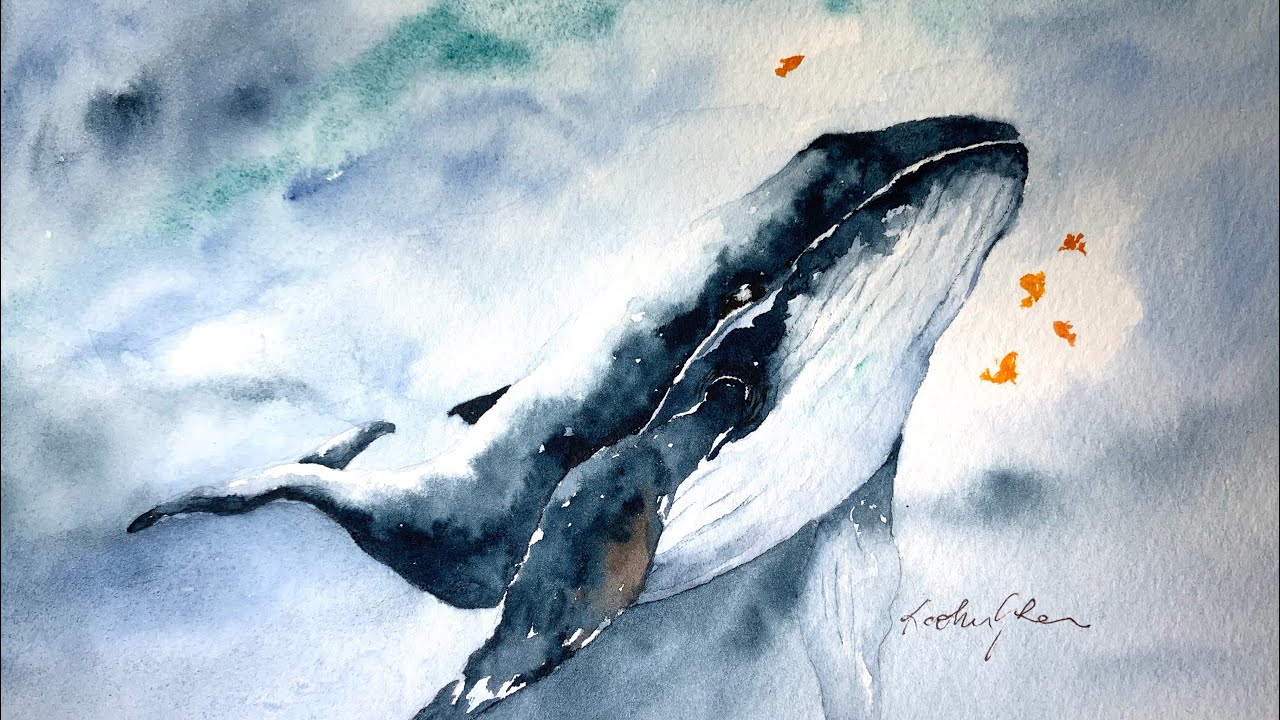Watercolor whale frolicking. Paint along tutorial and demo