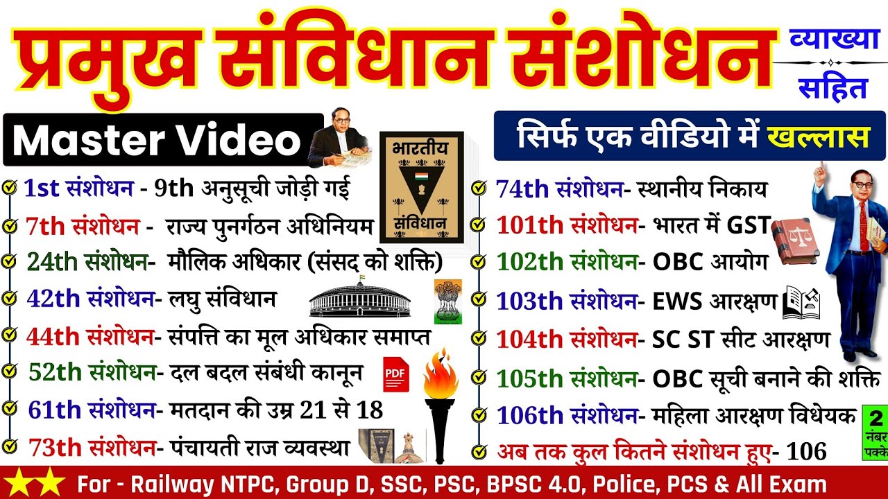 अति महत्वपूर्ण संविधान संशोधन | Important Constitution Amendments | Sanvidhan Samshodhan SSC | NTPC