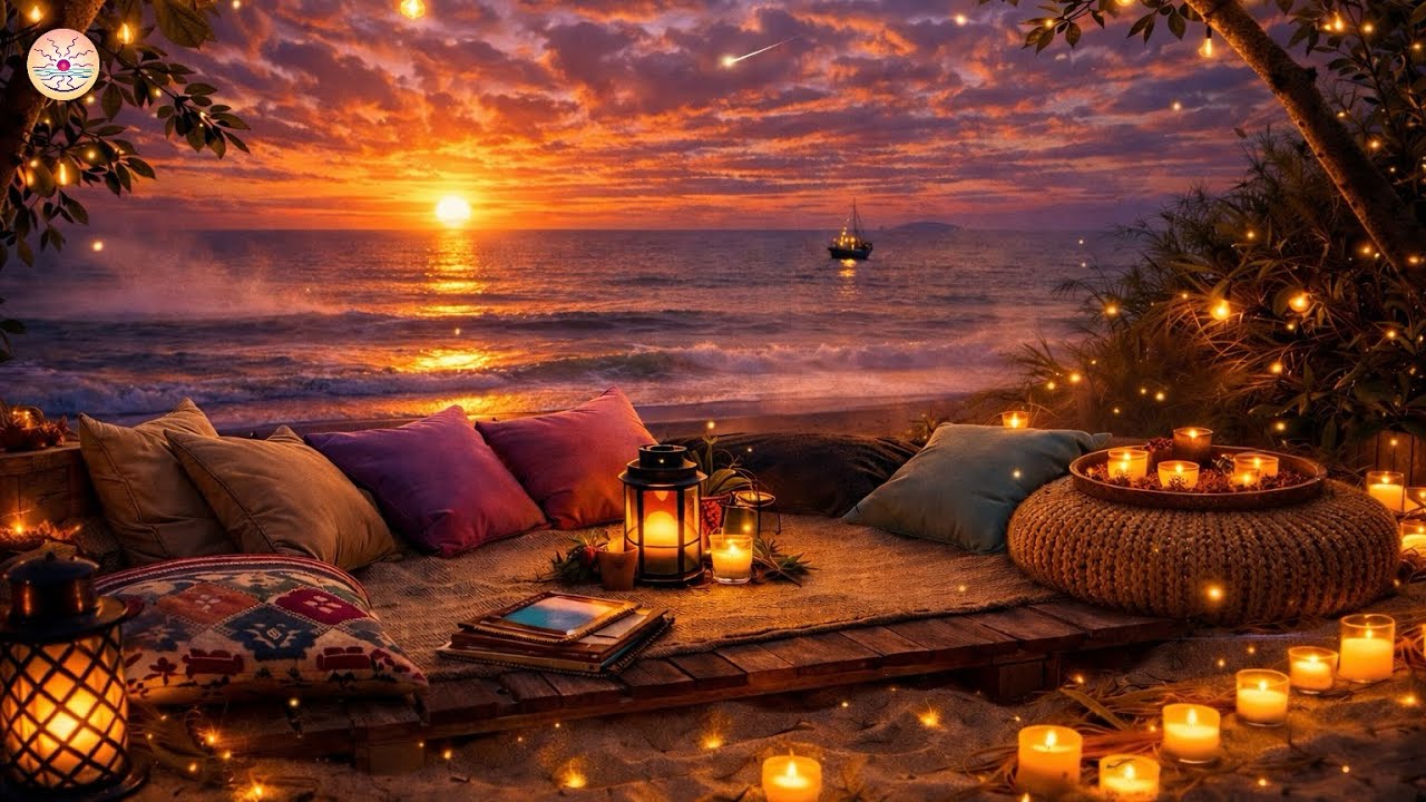 Cozy Tropical Sunset | Relaxing Music, Ocean Waves & Candlelight for Sleep, Focus & Queit Mind