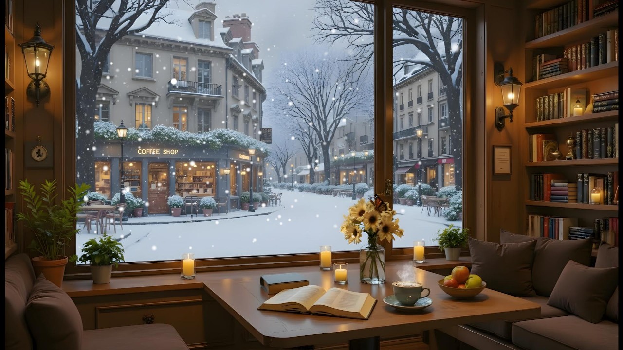 Winter Ambience ❄️ Cozy Coffee Shop Warm Jazz Piano with Gentle Snowfall for Studying & Working