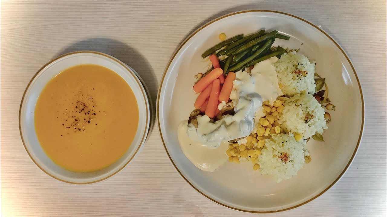 Menü - Édesburgonya Krémleves; Csirkehús Csíkok + Rizs + Párolt Zöldség + Szósz - thermomix