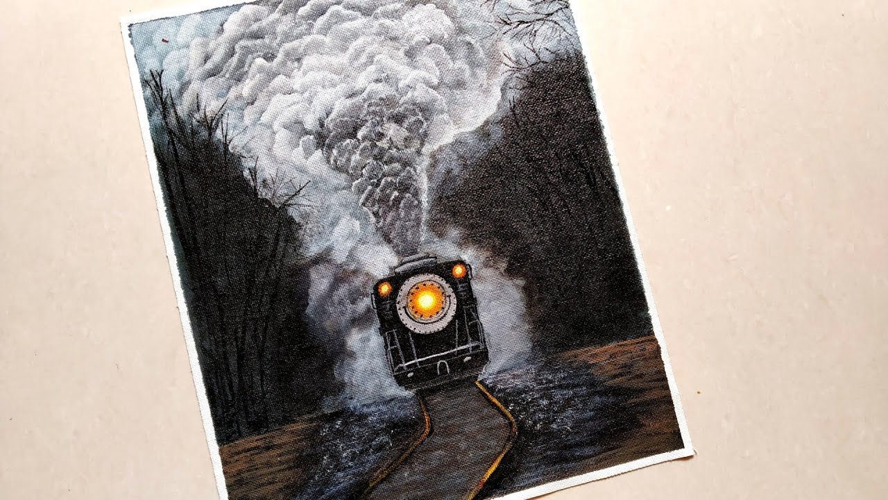 Black and White- Snowy Train Step by Step Acrylic Painting for Beginners / How to draw a Train