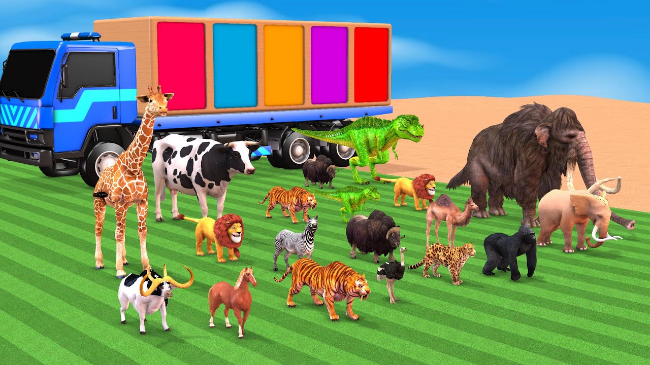 Zoo Animals Truck | Wild Animals Transport Truck with Cow Elepahnt Tiger Gorilla Animals Cartoon
